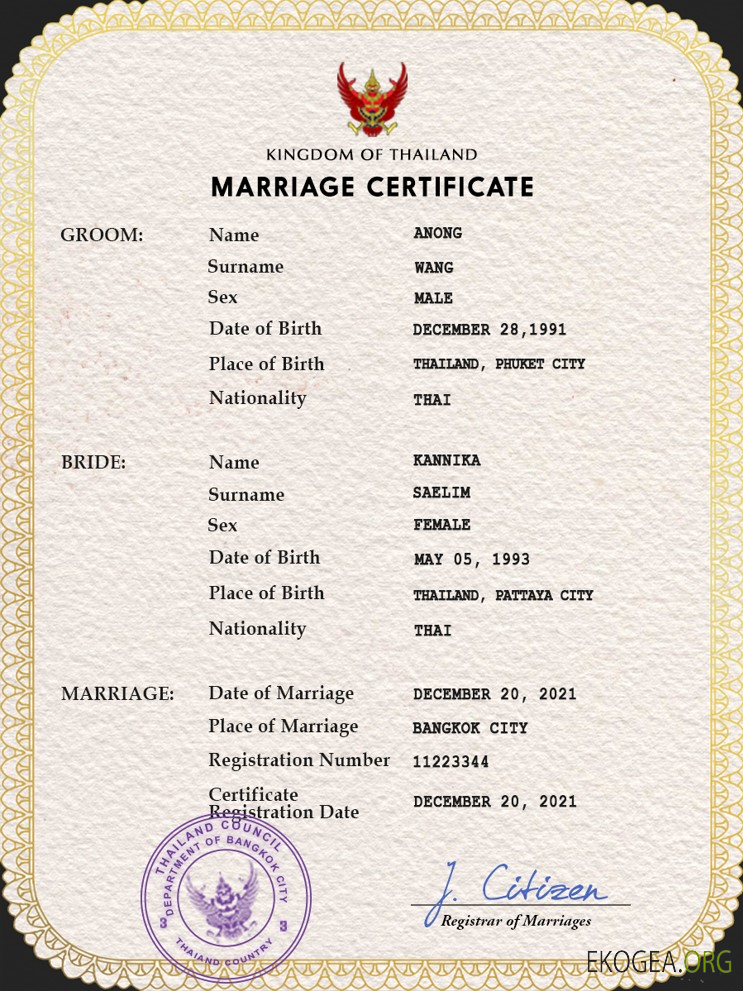 Modèle PSD de certificat de mariage en Thaïlande